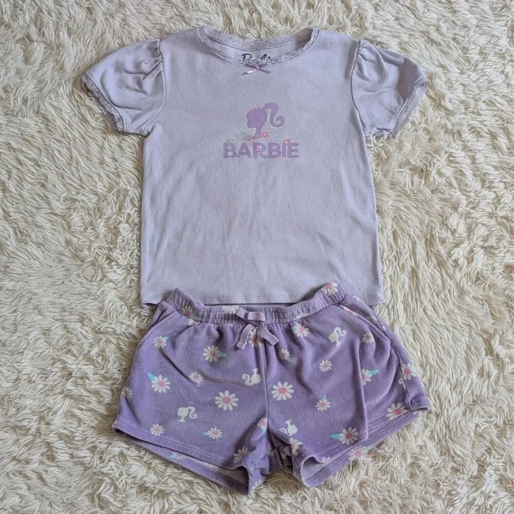Barbie Girls Size 5T Lavender Lace Puff Sleeve Shirt Floral Fleece Shorts Set